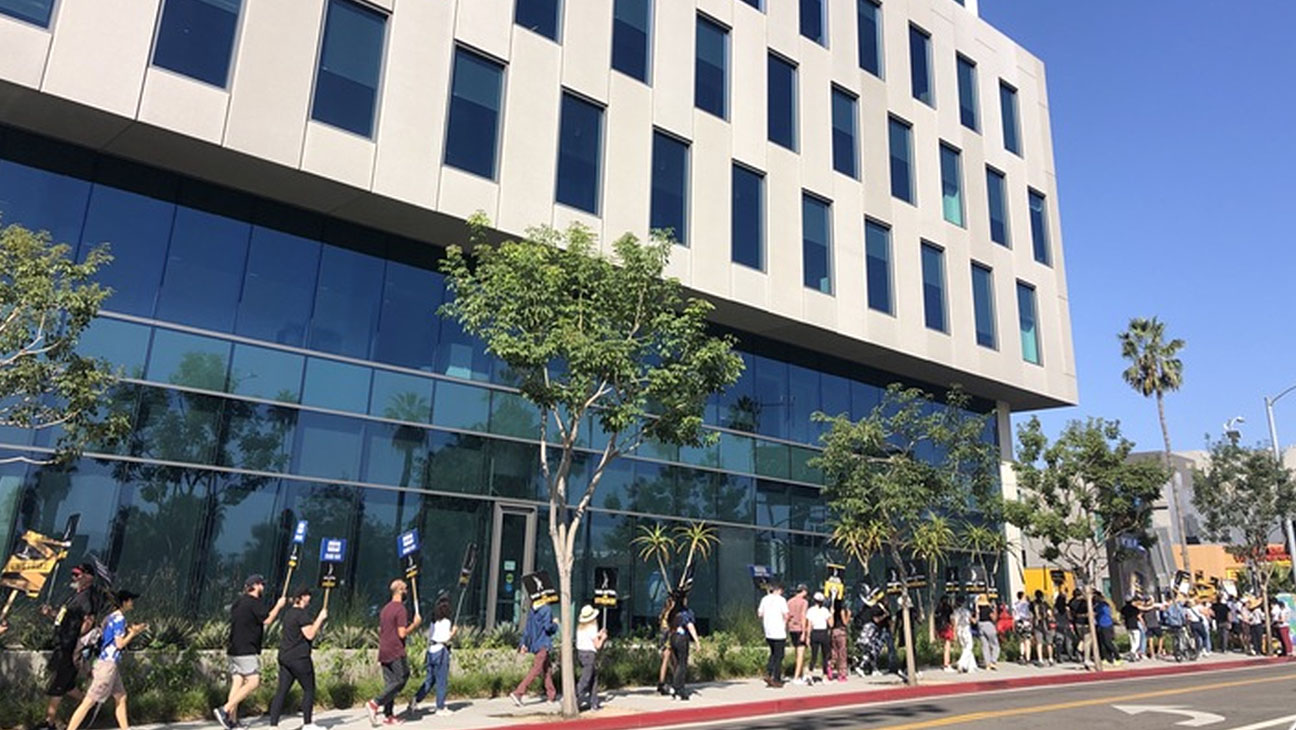 Picketers outside Netflix on Oct 12, 2023, in Los Angeles.