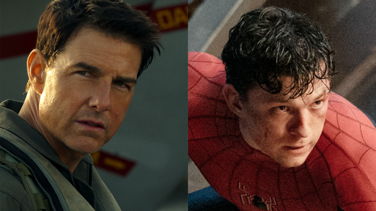 Side by side stills of Tom Cruise in 'Top Gun: Maverick' and Tom Holland in 'Spider-Man: No Way Home'